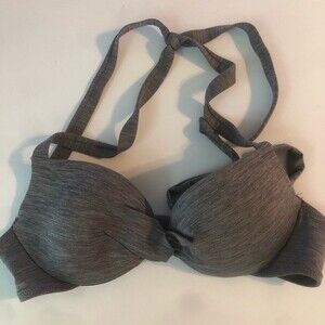 H&M Bikini Top 34A Gray Heather Knot Swim Pool Lined Full Coverage Tie Strap
